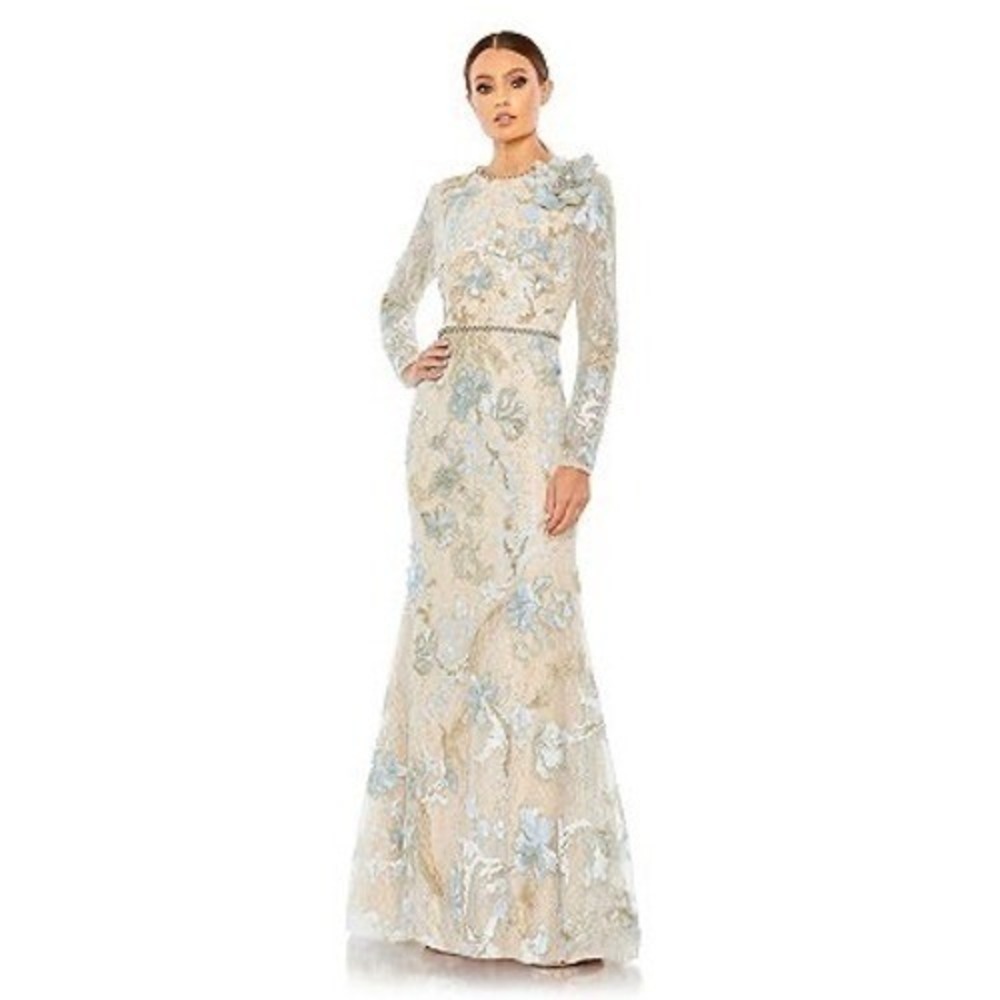 Mac Duggal 11174 IBL Ice Blue Gold Embroidered Floral Long Sleeve Gown Sz 8 $798